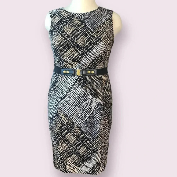 Jones Wear Vintage Casual Sleeveless Shift Dress Stretch Belt 14 Geometric Brown - Picture 1 of 16
